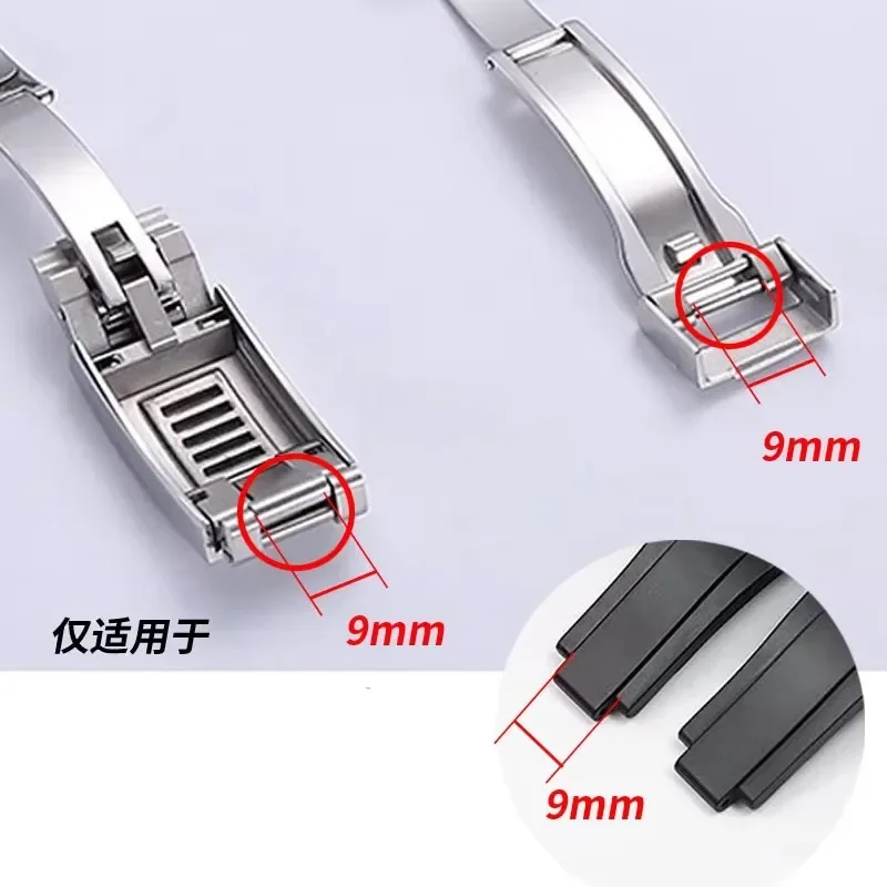 Steel Folding Buckle Glide Lock Fit For Rolex Submariner Oysterflex Daytona GMT Watch Band Strap Deployment Clasp 9mm
