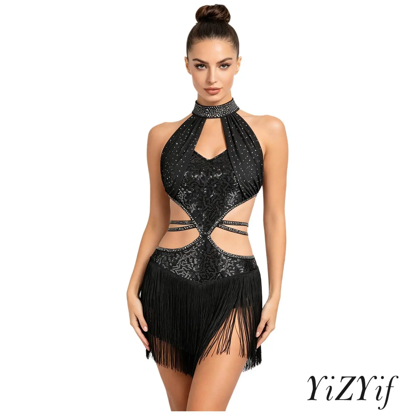 Women Latin Salsa Fringe Dress Shiny Keyhole Front Cutout Back Sleeveless Tassel Dress for Samba Tango Rumba Jazz Dance Clothing