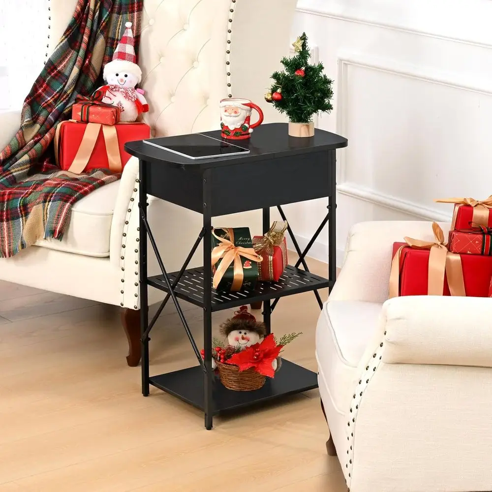 Charging Station End Table, USB & AC Outlet Side Table, Flip Top Storage End Table, Living Room Black Side Tables, Bedroom Drawe