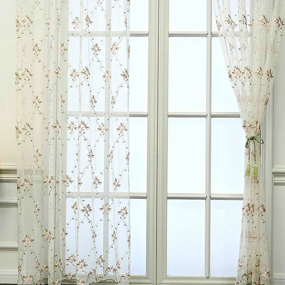 1pc Pastoral Pink Flower Embroidered Sheer Curtains for Bedroom Vintage Floral Lace Voile Drapes Window Treatment Nursery Decor