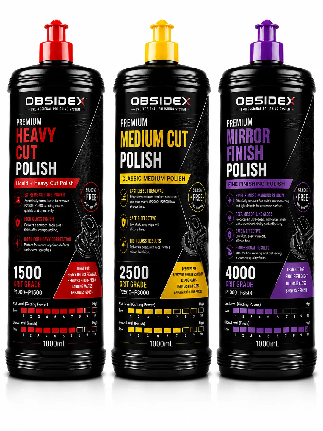 OBSIDEX Complete 3‑Piece Polish Set – Heavy Cut + Medium Polish + Mirror Finish (1000ml Each)