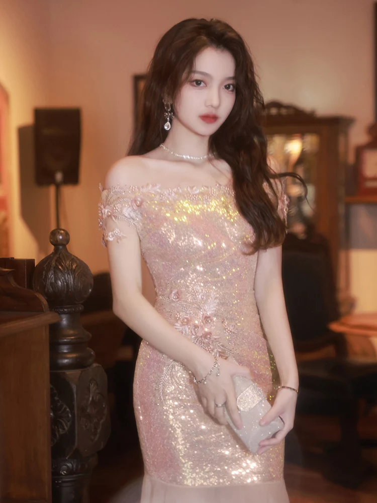 

iny Sequin One-oulder Evening Gown Fi-Tail Silhouette Mid-Waist Korean Sle ort Sve Adult Ceremony Luxury Dr