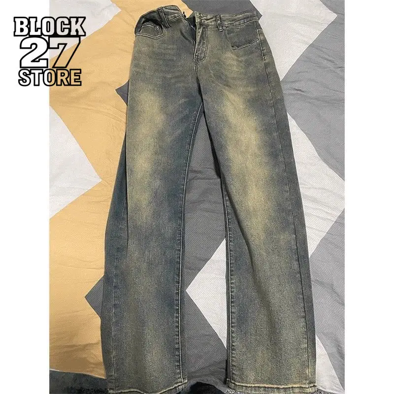 Mens Jeans Harajuku Retro Blue Slim Straight Denim Pants High Street Washed Distressed Flare Trousers Loose Fit Style Fashion