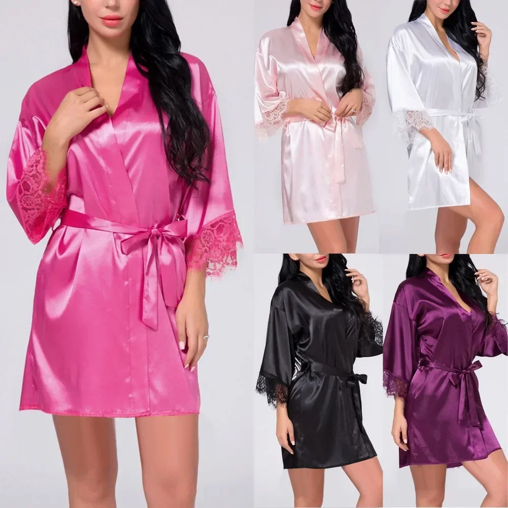 Women Sexy Silk Kimono Satin Dressing Gown Bath Robe Lace Lingerie Nightdress Nighties V-neck Nightdress Nightwear Nightshirt