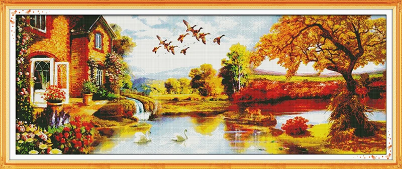 Joy Sunday Pre-printed Cross Stitch Kit  Easy Pattern Aida  Stamped Fabric Embroidery Set-Golden Scenery(3)