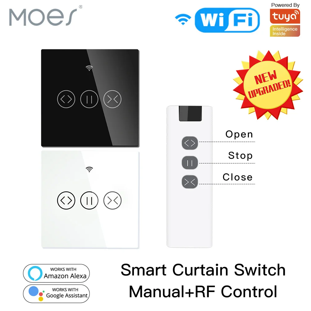 WiFi Smart Curtain Switch,For Roller Blinds Motor,Touch Control,RF433,US/EU,Tuya Smart,App Remote Control,Work with Alexa Google