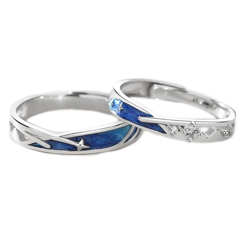 2pieces Lovers Rings Set Adjustable Sea Blue Meteoric Star Couples Rings Band Matching Set for Him and Her Daily Wear