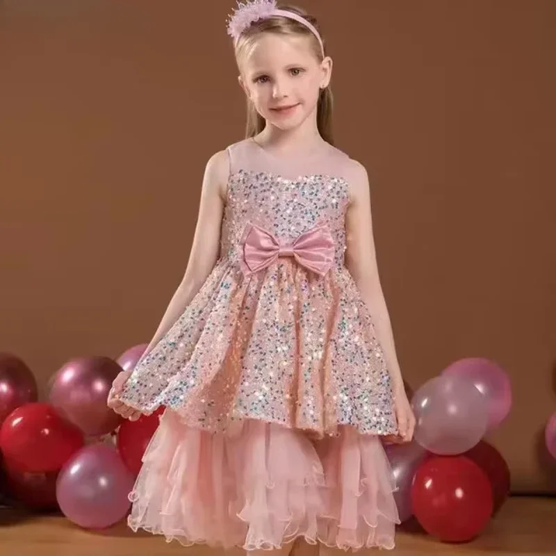 Pink Girls Sparkling Sequined Princess Dresses Puffy Gown for BirthdayFlower Kid Events Elegance Piano Performance Hosting Dress
