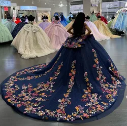 King Blue Floral Embroidery Quinceanera Dresses Charro Queen Ruffles Peplum vestido de debutante 15 anos Sweet 16 customsized