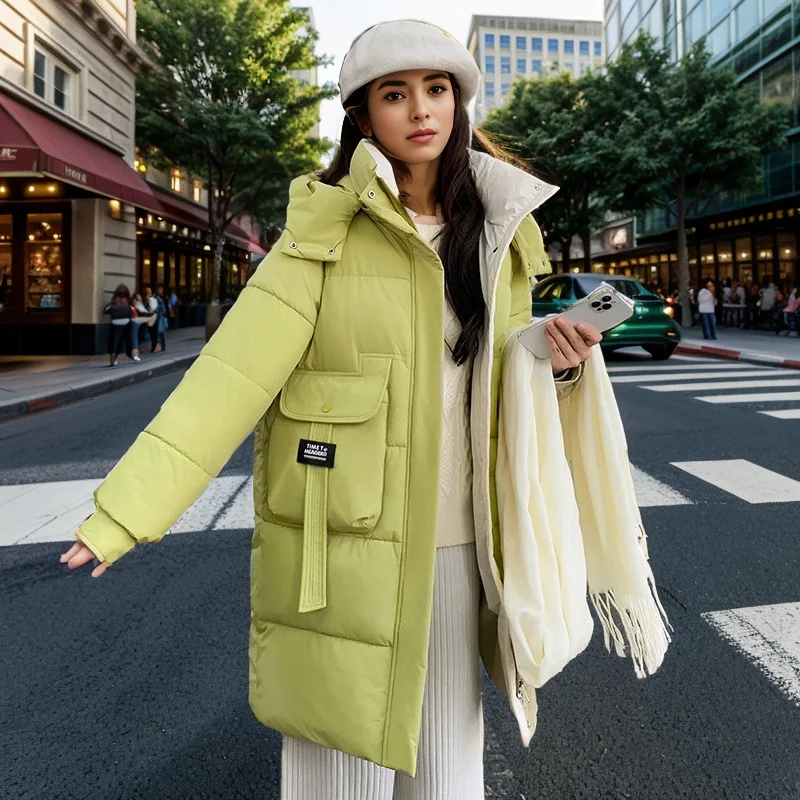 Women\'s Winter Jacket 2024 Winter Women\'s Pure Color Long Cotton Jacket Female Hooded High Collar Parkas Coats Padded Jacket