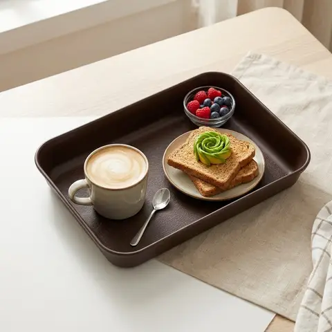 Wood Grain Plastic Storage Tray Stackable Food Breakfast Serving Trays For Eating Anti Slip Kitchen Organizer Microwave Safe