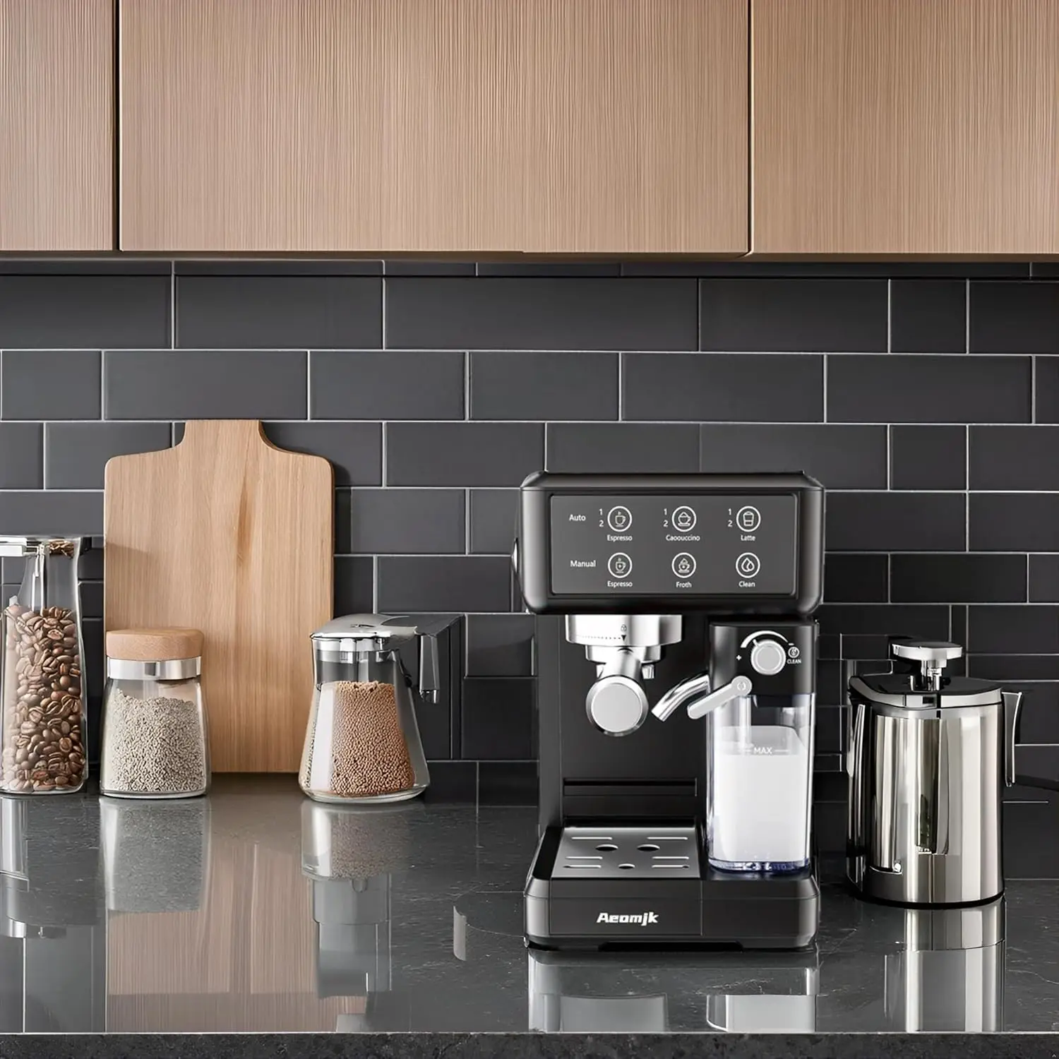 ماكينة صنع القهوة Aemojk Espresso وCappuccino، عملية بلمسة واحدة، ماكينة صنع القهوة المكتبية مناسبة، مع رغوة الحليب الأوتوماتيكية، 2