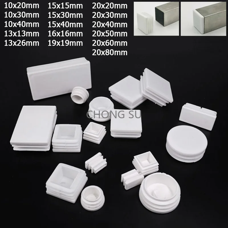 

1-10pcs White Square Pipe Tube Cap Plastic Tubing End Cap Glide Insert Blanking End Plug 10/13/15/16/19/20/26/30/40/50/60/80mm