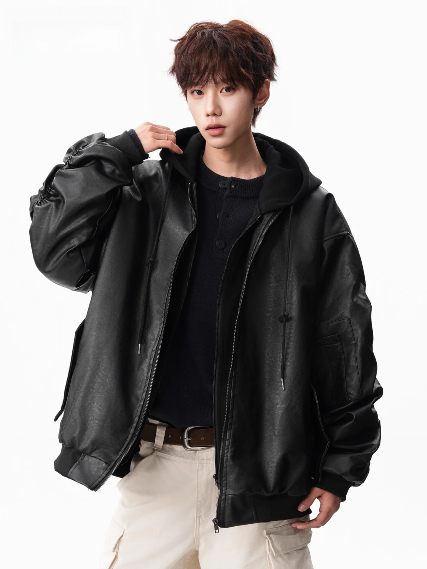 

American Sle Haome Thiened PU Leather Hooded Cotton Jaet Men's Winter High Street Loose Warm Coat Cotton Outerwear