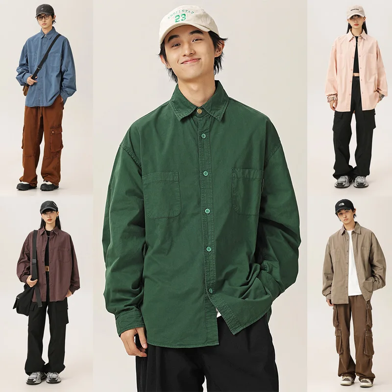 Men Loose Casual Long Sleeve Oversize Pure Cotton Cargo Shirts Women Streetwear Cityboy Campus Boys Girls Shirt Blouse