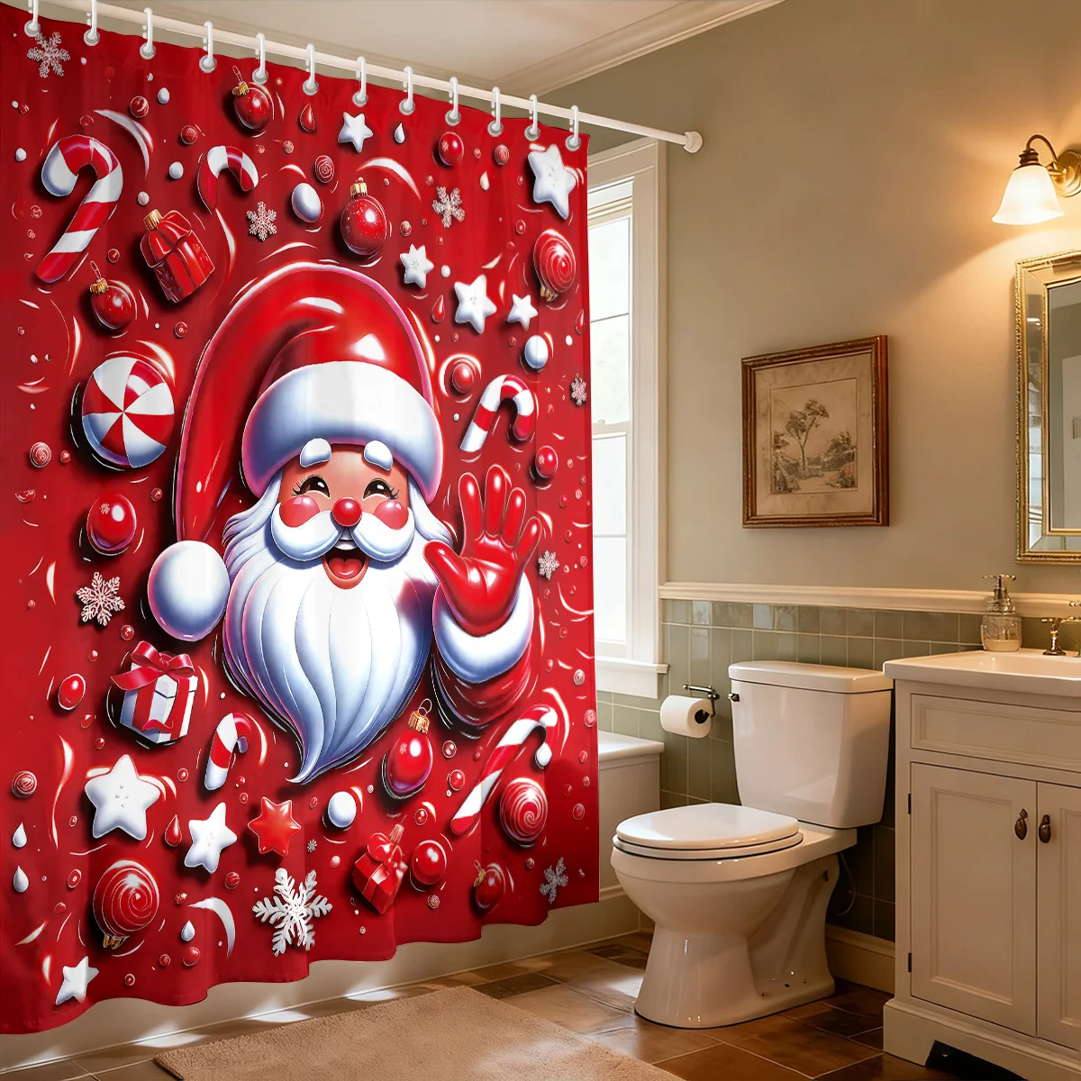 2D Imitation Relief Santa Claus Red Print Waterproof Shower Privacy Curtain with 12 Hooks, Multiple Sizes Machine Washablet