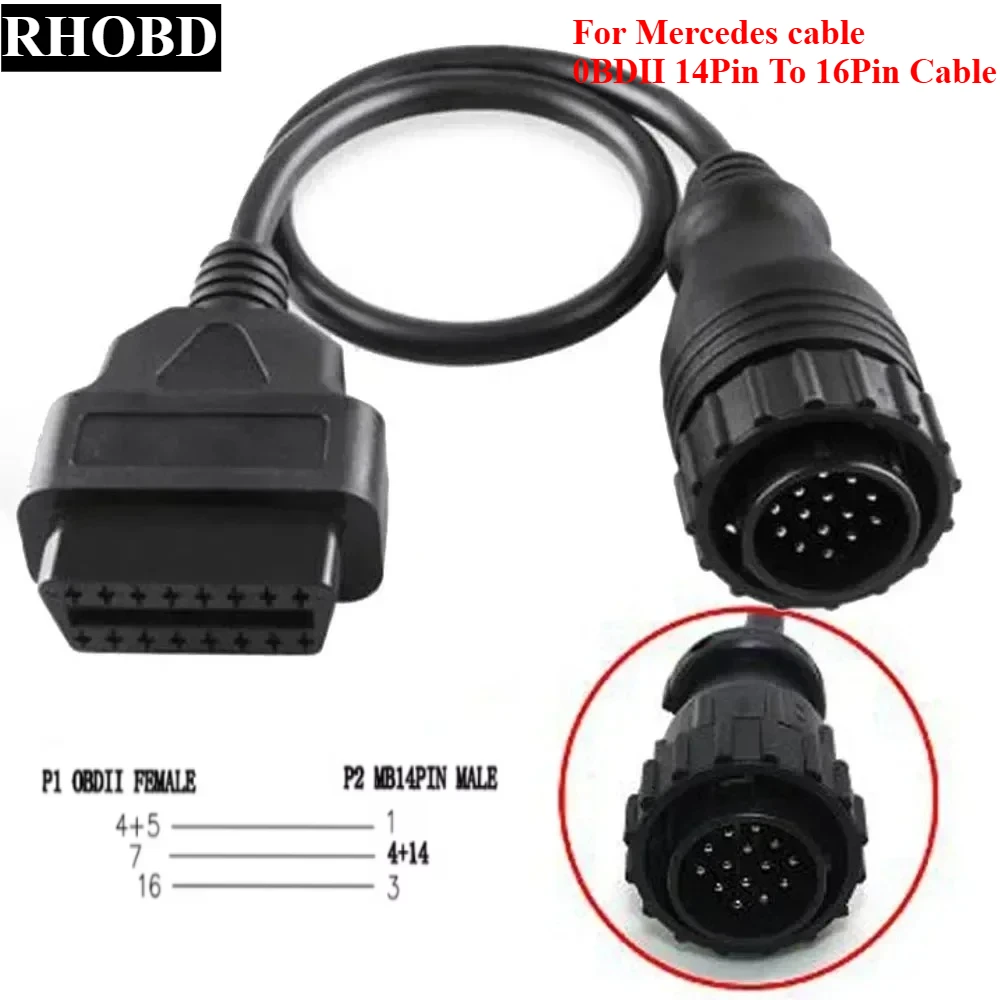 NEW Suitable for Mercedes/Benz 14Pin To 16Pin Automatic Diagnostic Tool Connector Adapter Cable OBD2 Scanner  Circular Socket