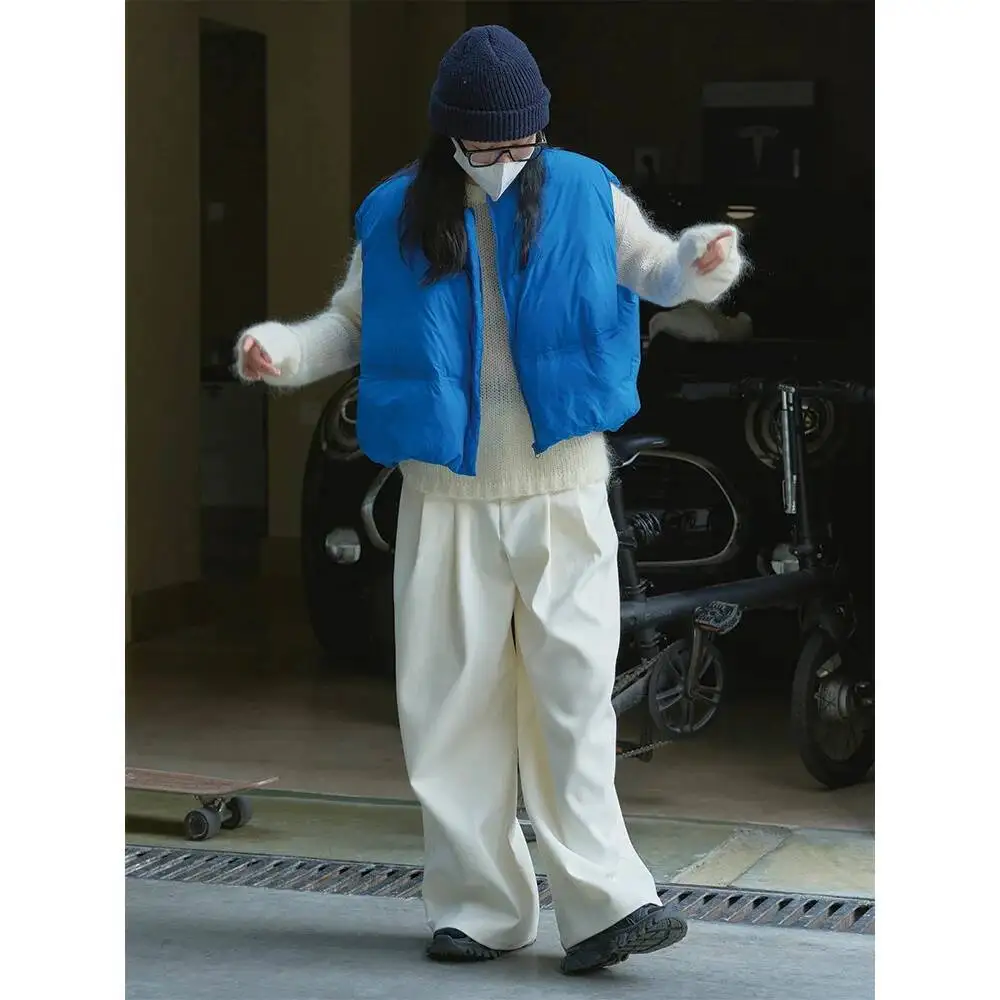 UMI MAO 90 화이트 덕 다운 베스트 재킷 여성 겨울 아우터 신상 캐주얼 라운드넥 루즈핏 얇고 폭신한 따뜻한 슬리브리스 코트 Y2K