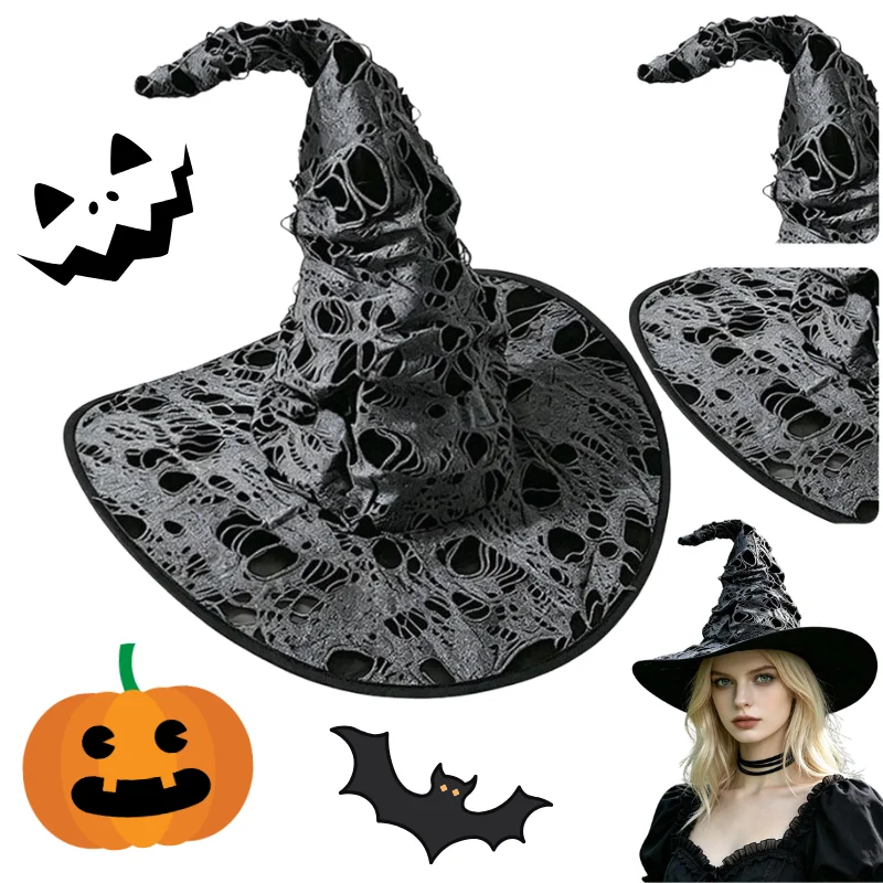 Vintage Hollow Out Lace Witch Hat Distressed Curved Pointed Design Wide Brim For Halloween Cosplay Theme Party Costume Use