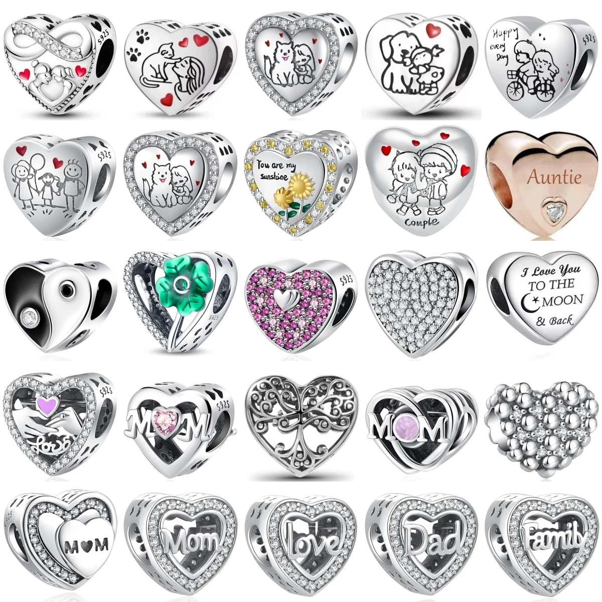 

925 Sterling Silver Family Mom Dad Four-leaf Clover Charm Beads Fit Original Pendant Bracelet Necklace Jewelry making Women Gift