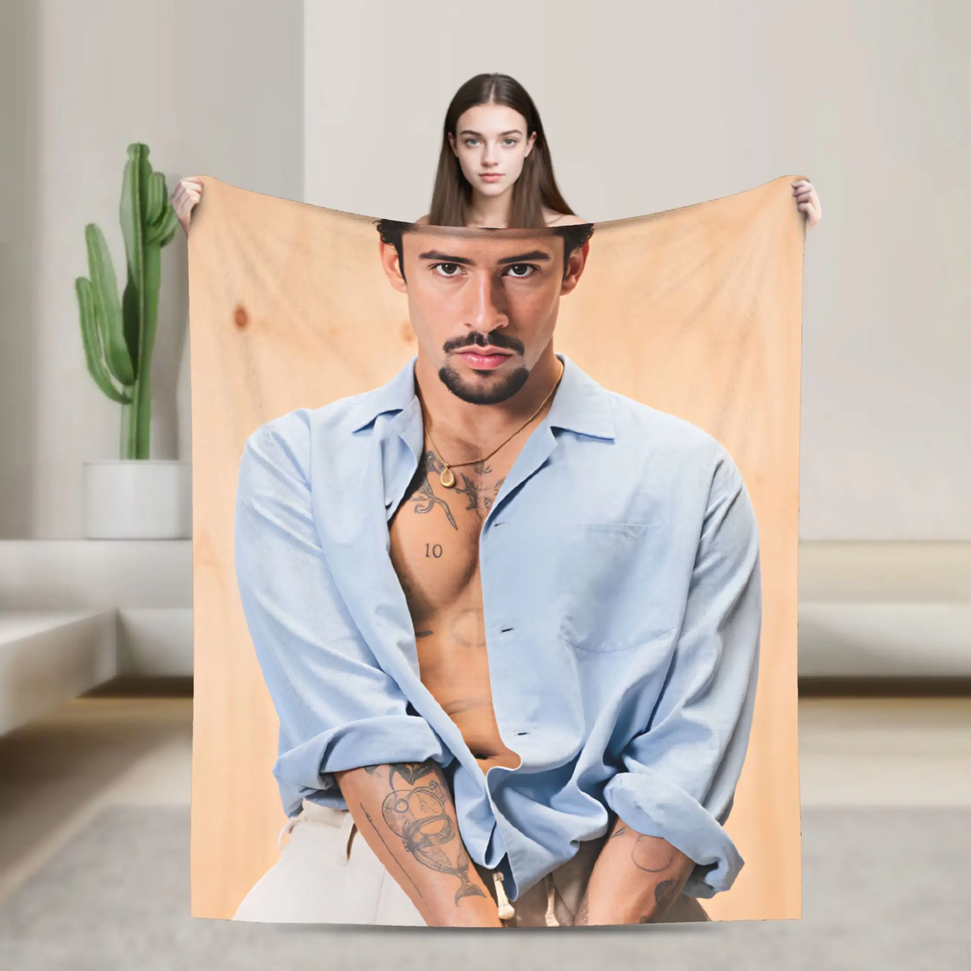 Soft BlanketGirls Boys Airplane Travel Bad Bunny Puerto Rican Rapper Portrait Throw Blanket Flannel Bedspread For Sofa Bed Cover
