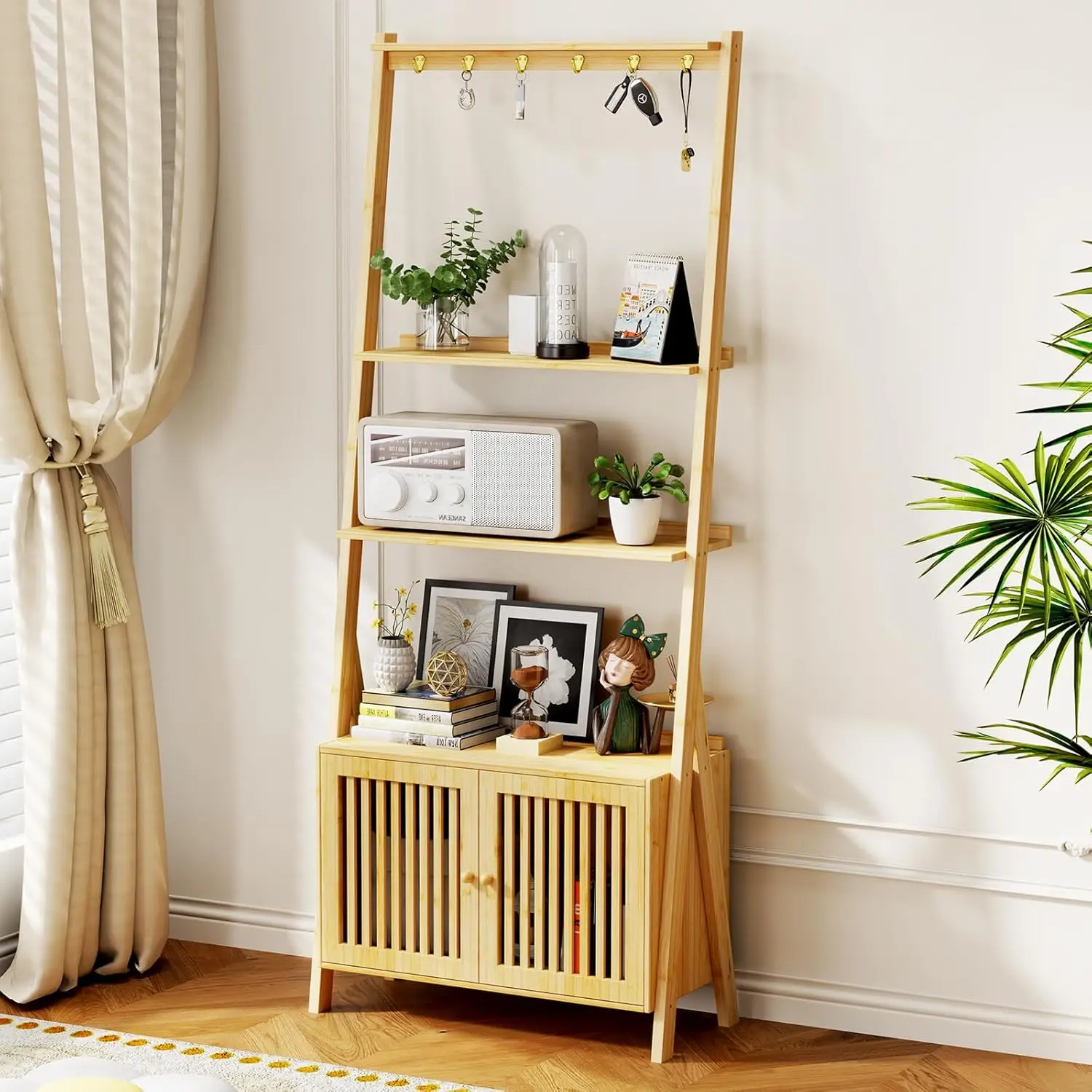 

4-ярусный бамбуковый книжный шкаф с ящиками и крючками, высокая узкая книжная полка для гостиной, офиса, спальни