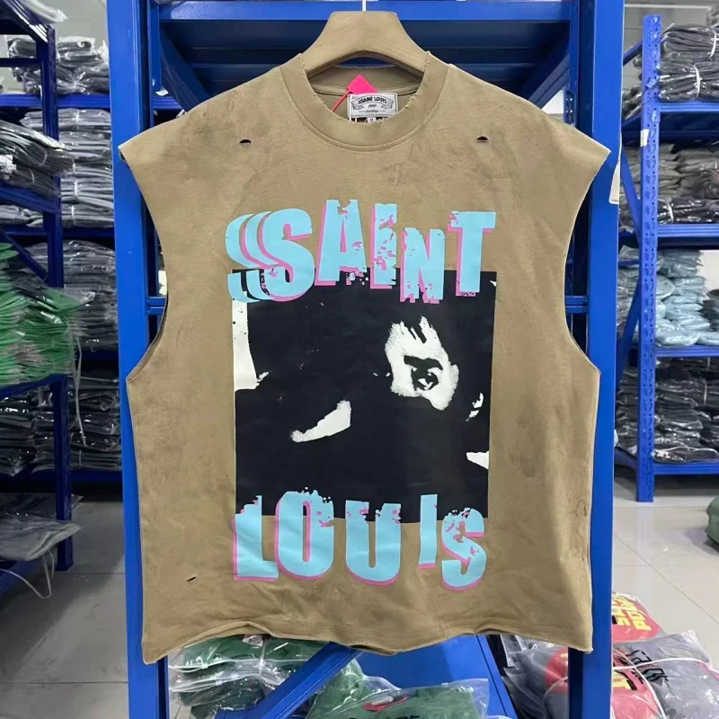 SAINT Vintage Sleeveless Tank Top Men Distressed Washed Retro Streetwear Vest Oversized Cutoff T-Shirt