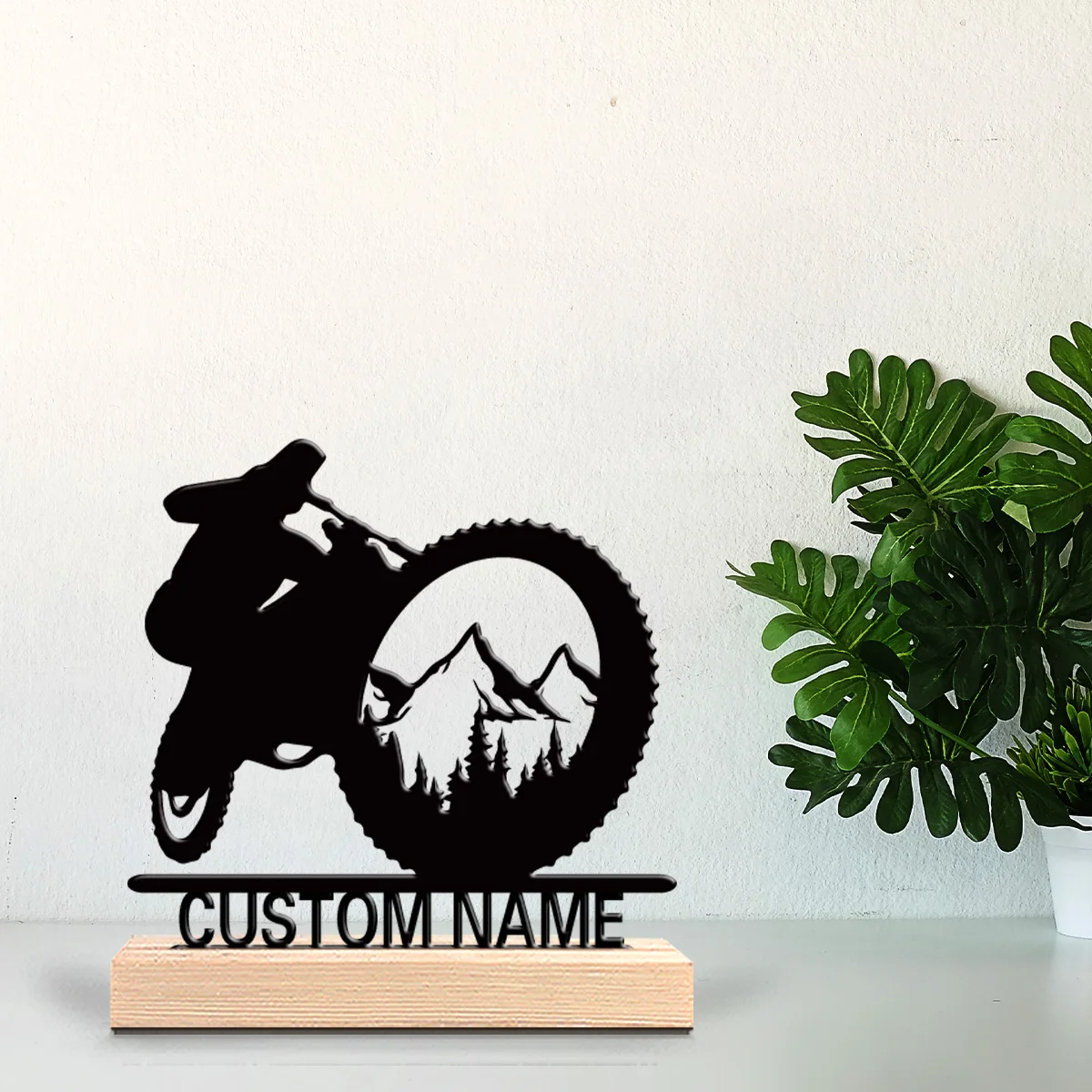 1pc Motorcycle Mountain View Custom Name Metal Statue Metal Ornament Art Crafts With Wood Base Metal Statue Office Desk