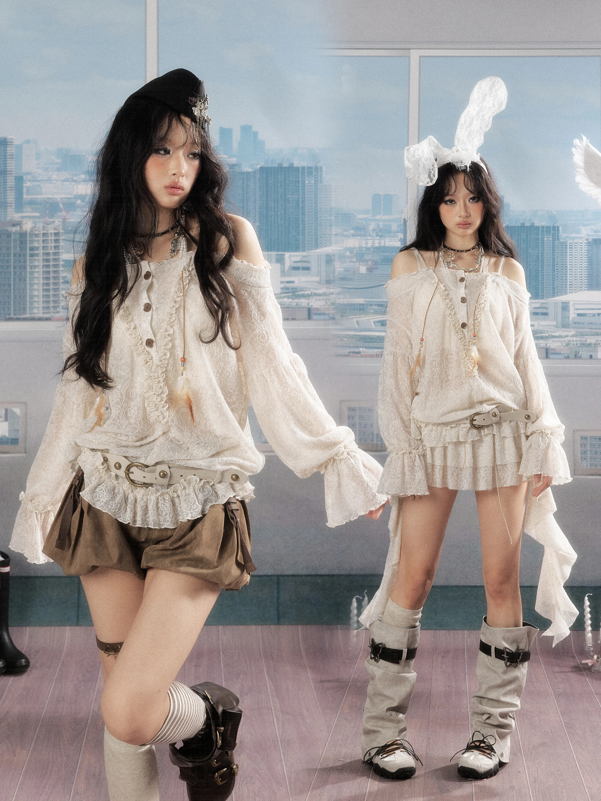 

Прозрачная кружевная легкая сексуальная женская футболка на одно плечо с защитой от солнца, свободного кроя, с длинным рукавом