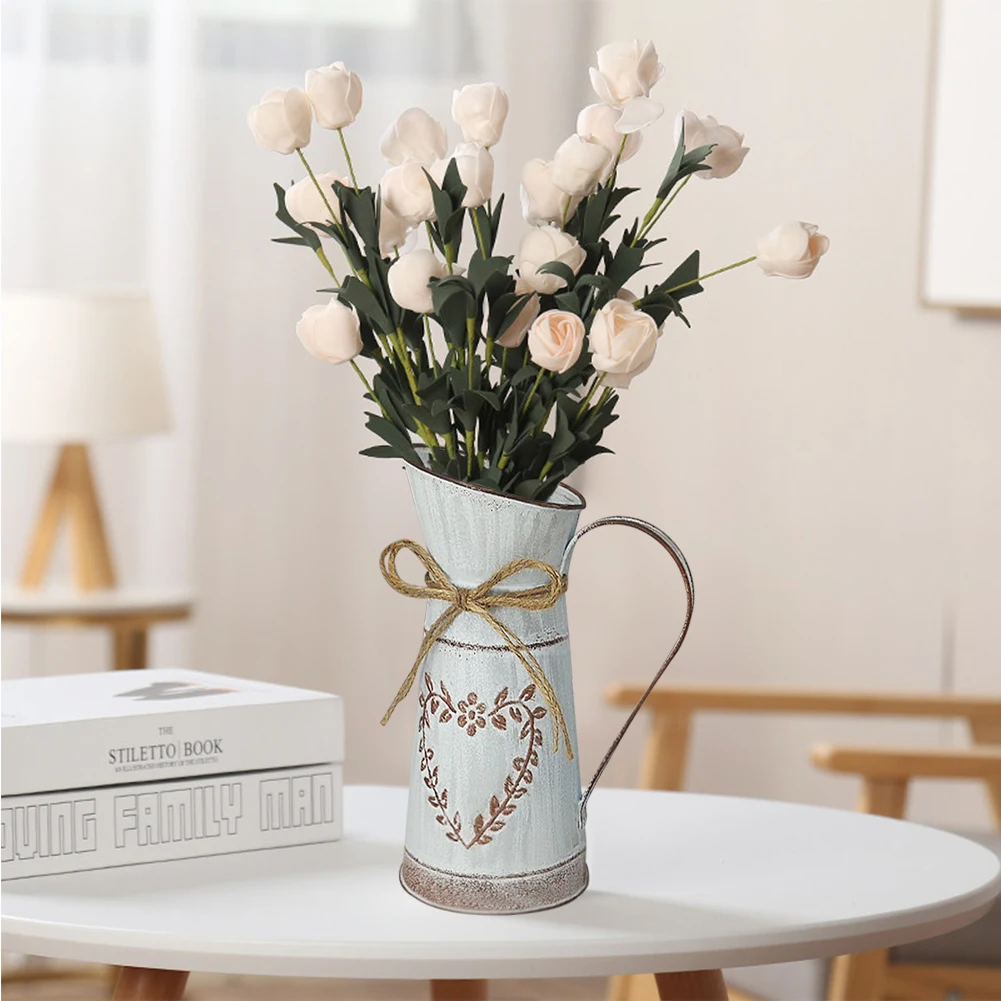 Dried Flower Vase Country Style Galvanized Bouquets Planter Decorative Flower Arrangement Pot with Handle for Garden Living Room