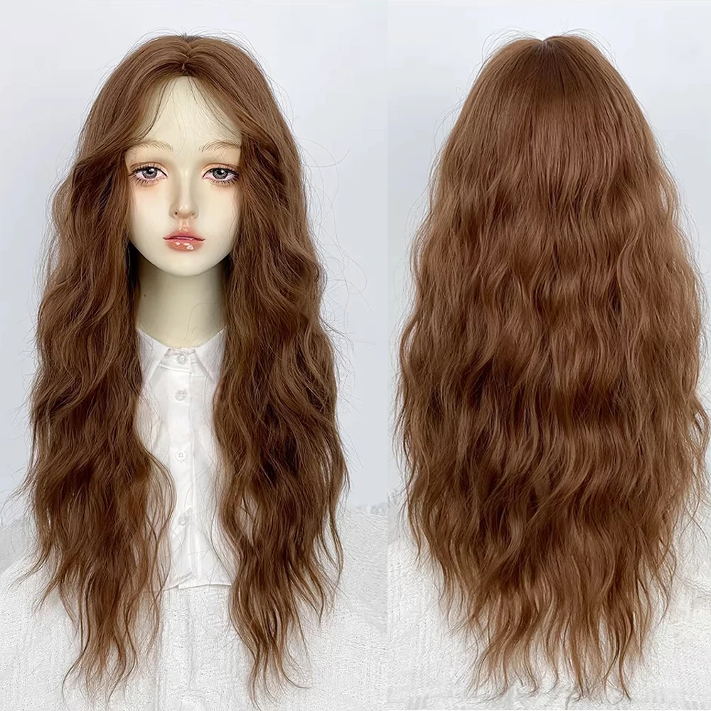 Brown Long Curly Wavy Synthetic Wigs Middle Part Lolita Cosplay Fluffy Women Wig Heat Resistant for Daily Party