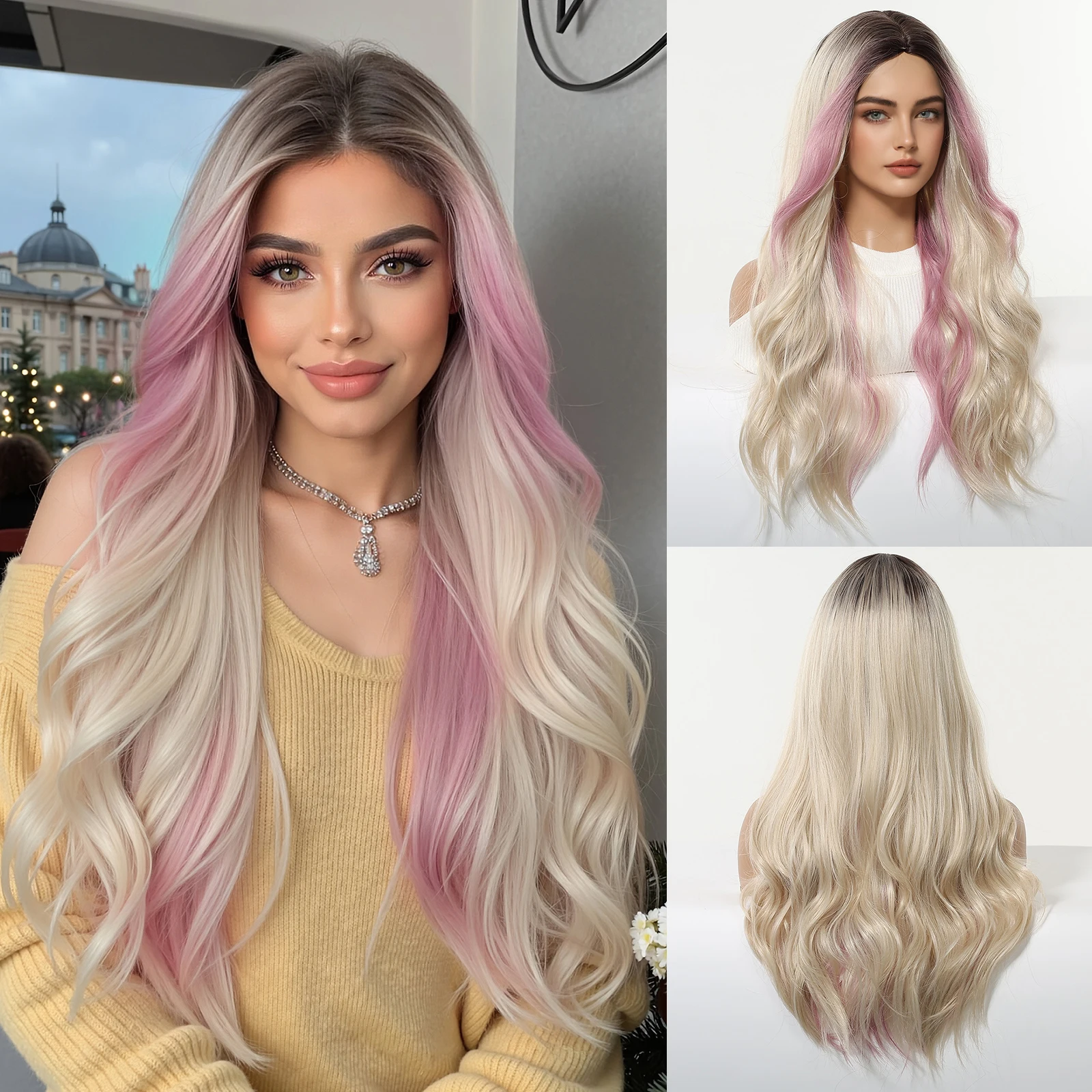 Peluca sintética ondulada degradada de color marrón a dorado claro y rosa para mujer, pelo largo y rizado resistente a altas temperaturas, uso diario, para fiesta