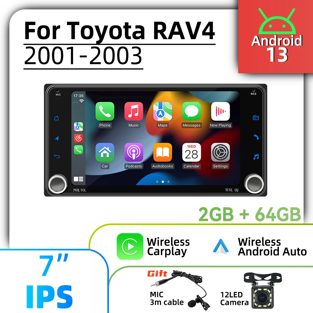 سيارة الوسائط المتعددة 7 "ستيريو لتويوتا RAV4 RAV 4 2001-2003 اللاسلكية Carplay Autoradio 2 Din راديو أندرويد رئيس وحدة لتحديد المواقع والملاحة #1