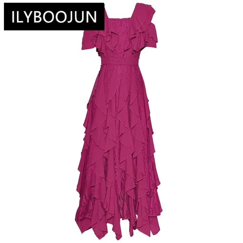 

ILYBOOJUN Fashion Runway Summer Dress Women Square neck off-shoulder short sleeves Lace ruffles Long Party Dress
