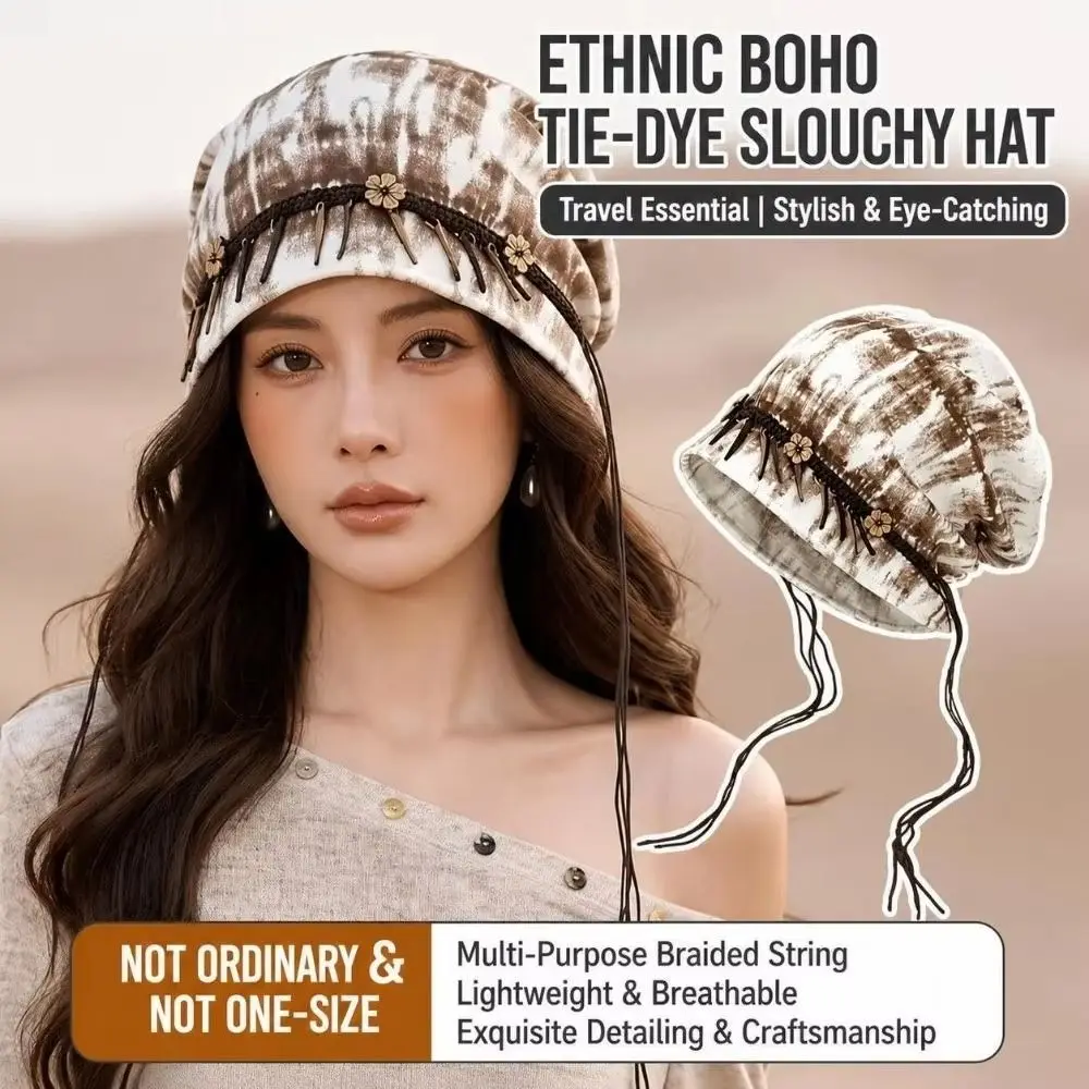 Vintage Retro Ethnic Stye Beanie Wood Decoration Tassel Vintage Pullover Hat Versatile Y2K Slouchy Skull Cap Bad Hair Days