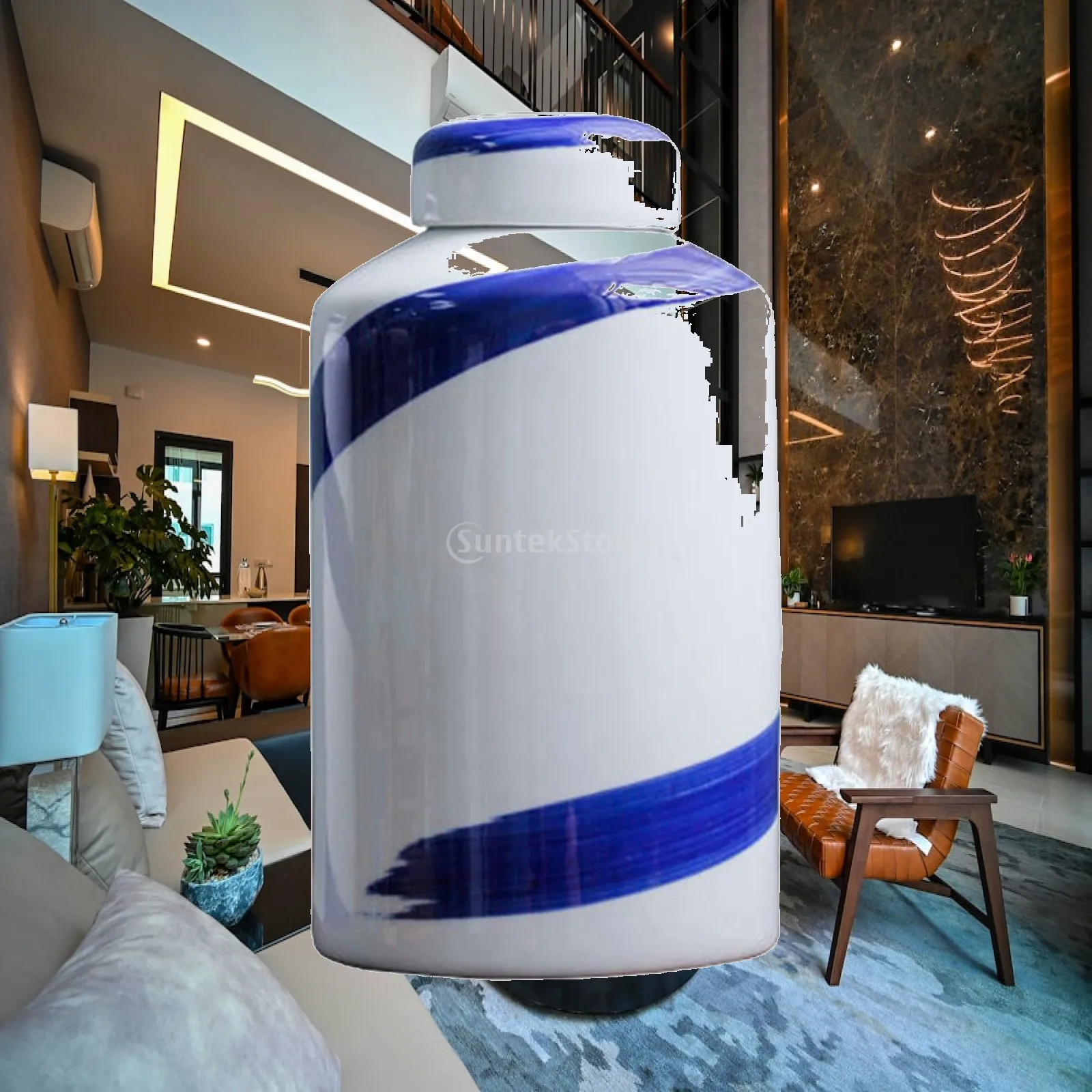 Blue Striped Vase with Capped Lid, Jar Decor, Tea Storage for Placemat,