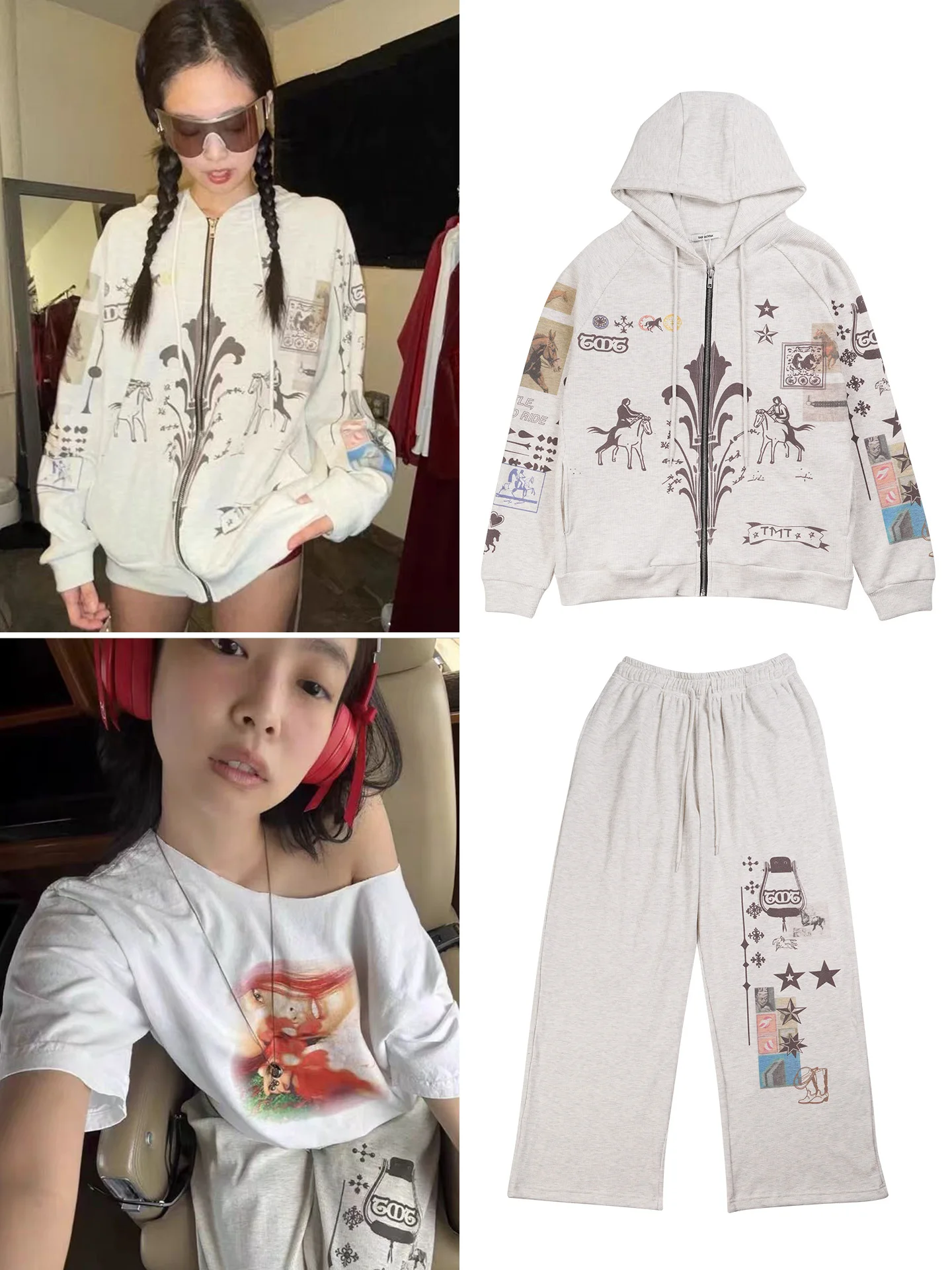 

Jennie Graffiti Print Hooded Zipper Jacket Sweatshirt And Pants Set Streetwear Casual Loose Fit Long Sleeve for Youth Women