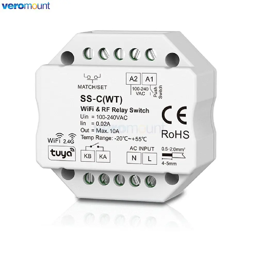 SS-C RF Smart Switch 6A AC Triac /Relay Switch 100-240VAC 1CH*10A WiFi+RF AC Switch SS-C(WT) (Tuya App) for Single Color Lights
