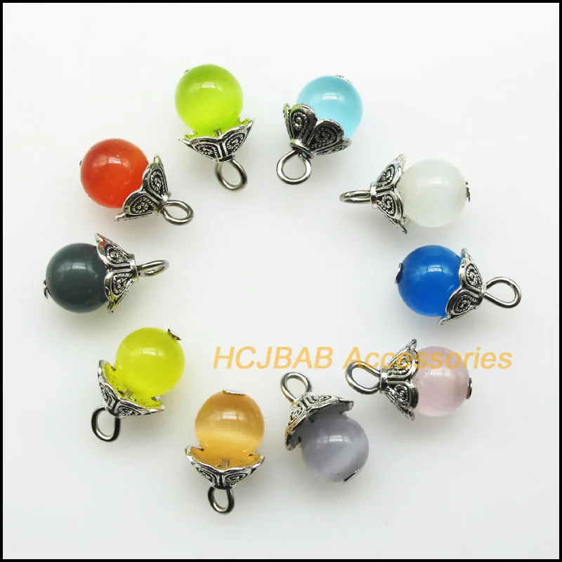 20 New Flower End Cap Charms Mixed Cat eye Round Beads Pendants Antique Silver Color 9x15mm