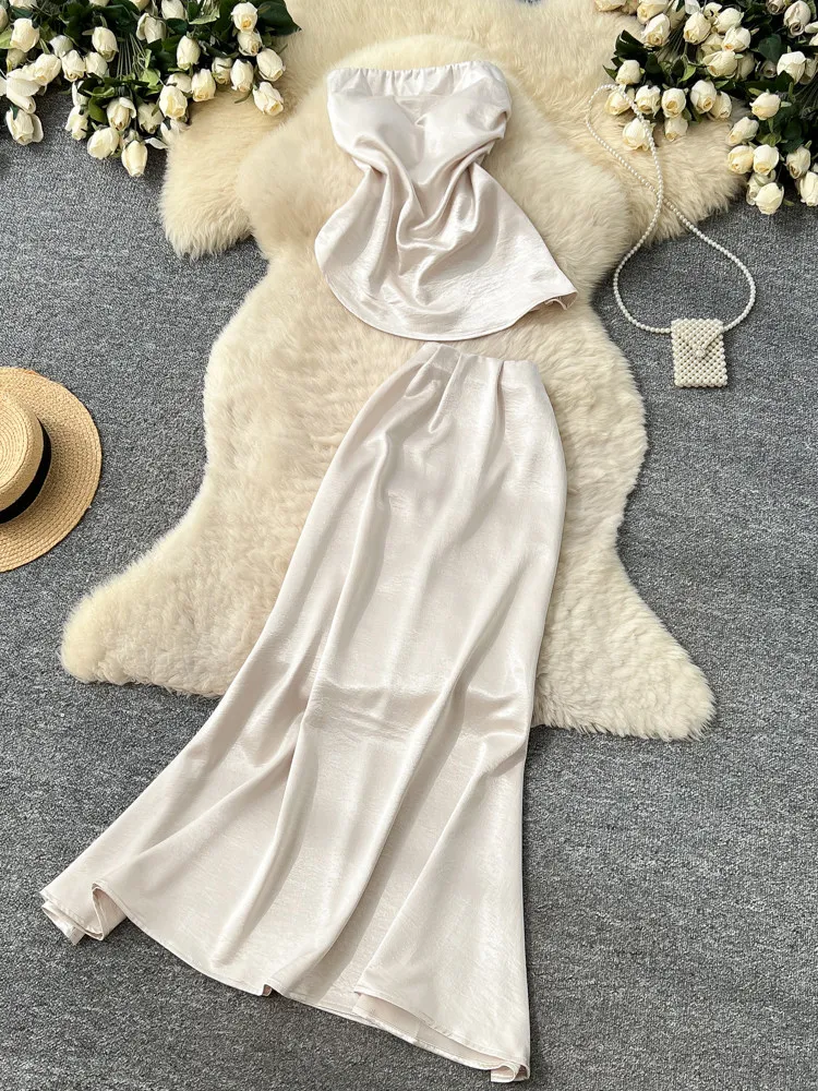 

Temperament summer new two piece set women's sleeveless strapless top high waisted long skirt fashionable elegant outfit