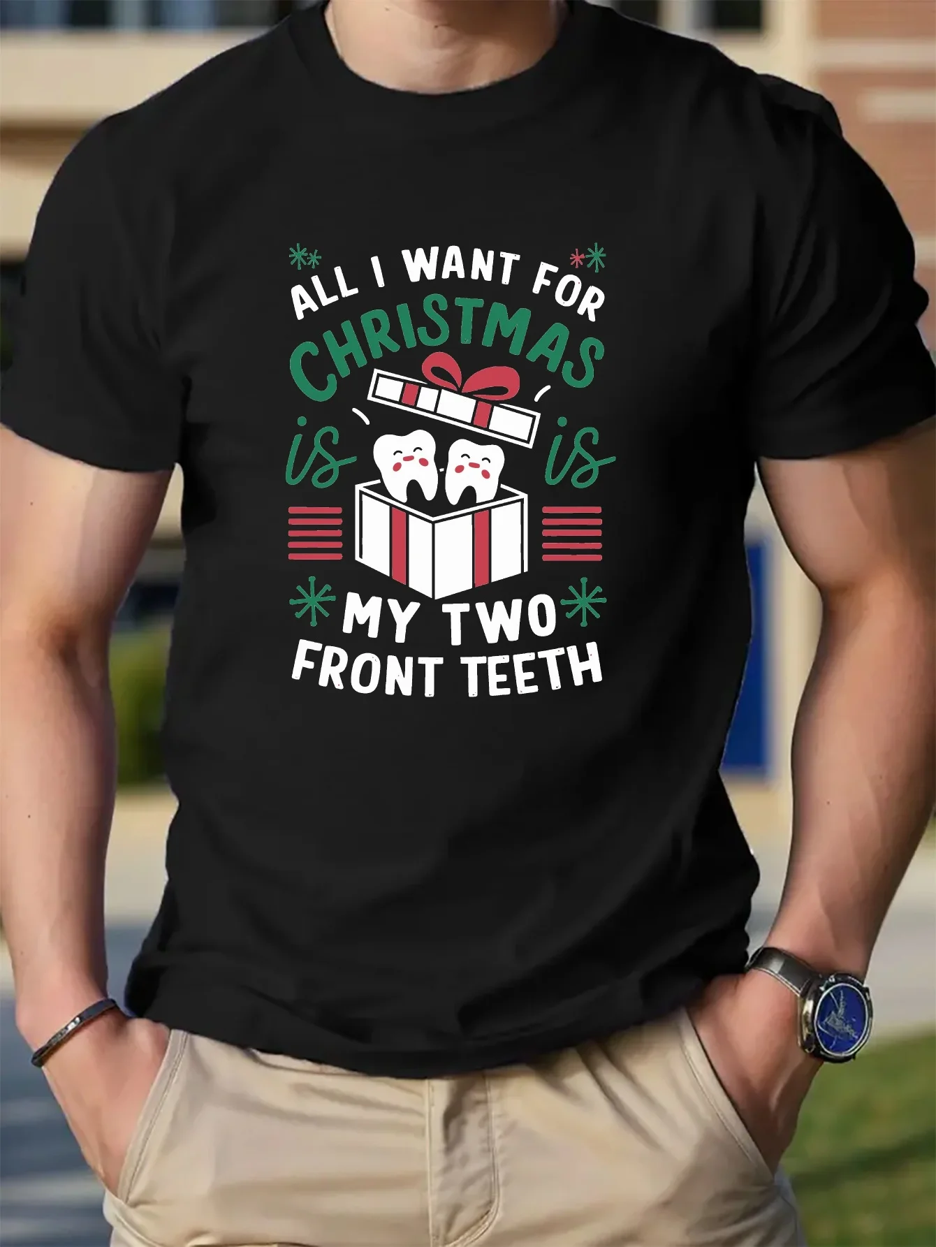 Funny My Two Front Teeth And Christmas Gift Box Graphic Print, Men's Crew Neck Short Sleeve Summer T-shirt, Casual Comfy Cotton