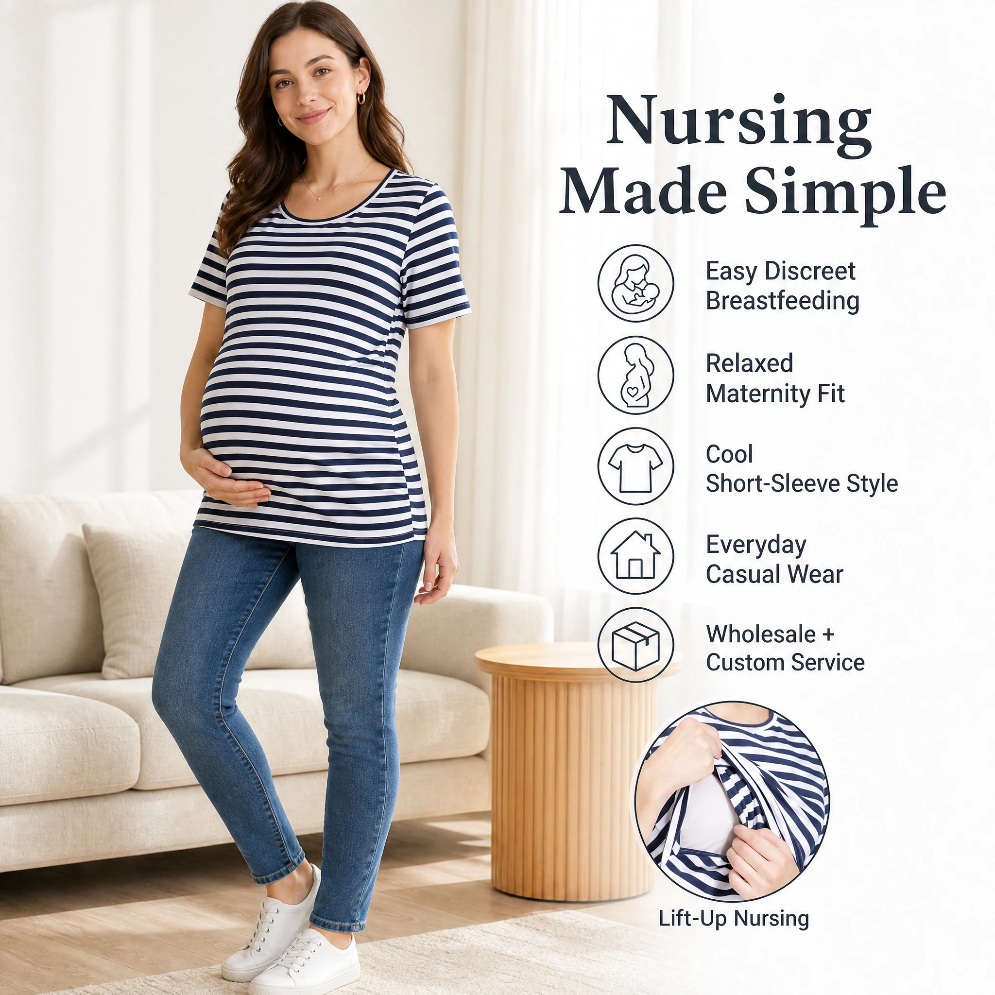 Short Sleeve Striped Maternity Nursing Top Round Neck Lift‑Up Double Layer Feeding Shirt Soft Stretch Casual Pregnancy T‑Shirt