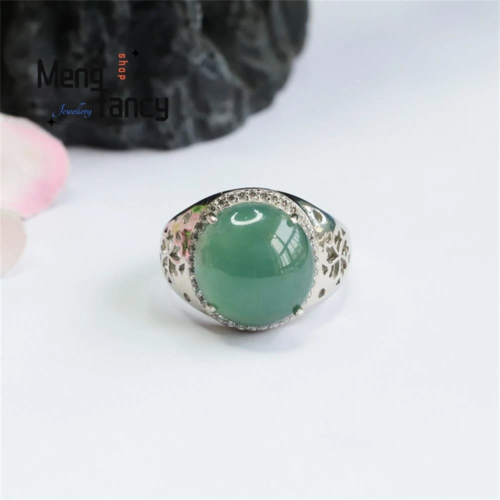 S925 Silver Inlaid Natural Jadeite Ice Blue Water Pigeon Egg Ring Exquisite Elegant High-grade Couple Luxury Fashion Jewelry