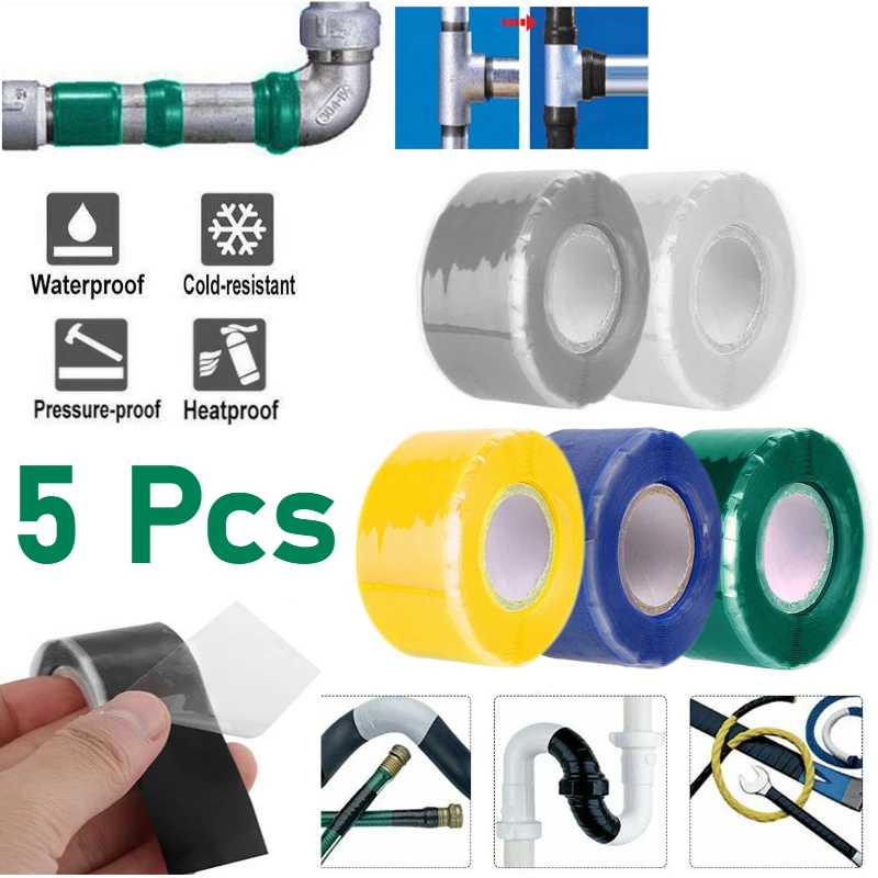 5 Rolls Waterproof Patch Silicone Self Fusing Repair Tape 25mm Width and 1.5m/3m Length Self-Adhesive Strong Bonding Wire Tape