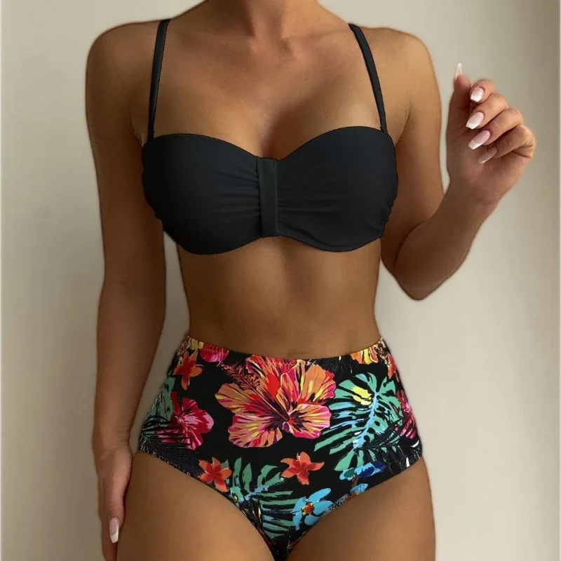 Bikini Swimsuit Solid Color Backless Double Shoulder Strap Tube Top Women's Swimsuit with Chest Pad Without Steel Support