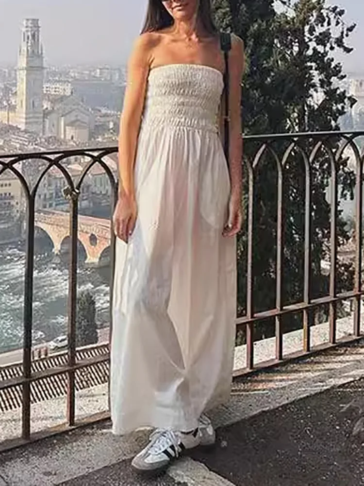 

Strapless Loungewear Fashion Holiday Dress, Women Summer Sleeveless Elegant Maxi Dress, 2024 Backless Simple Solid Ladies Dress