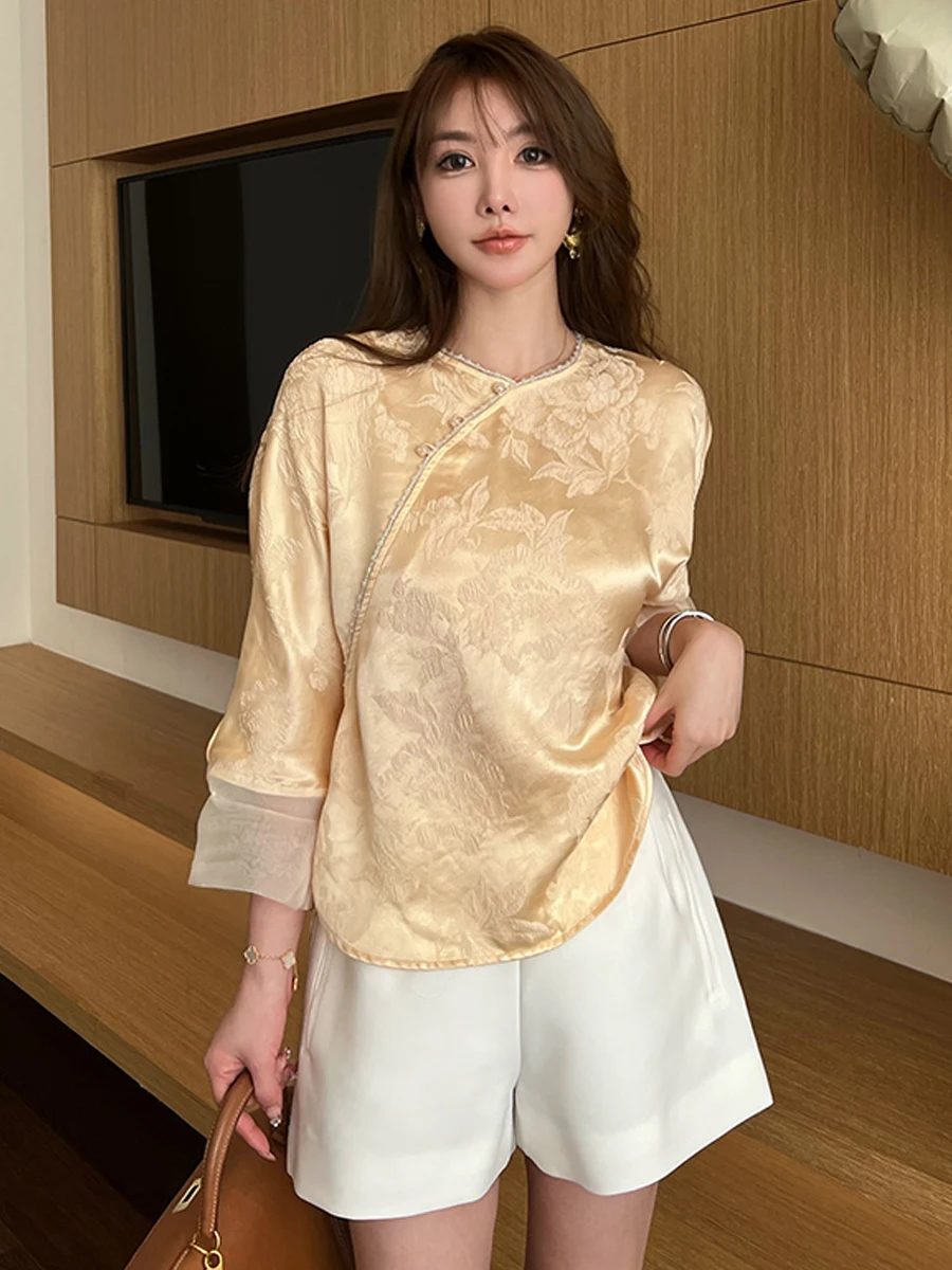 

Silk Commuter irt Yellow Gentle Top Chinese Retro Sle Seven-Quarter Sve Women's plus Size Clothing Straight Cut Printed