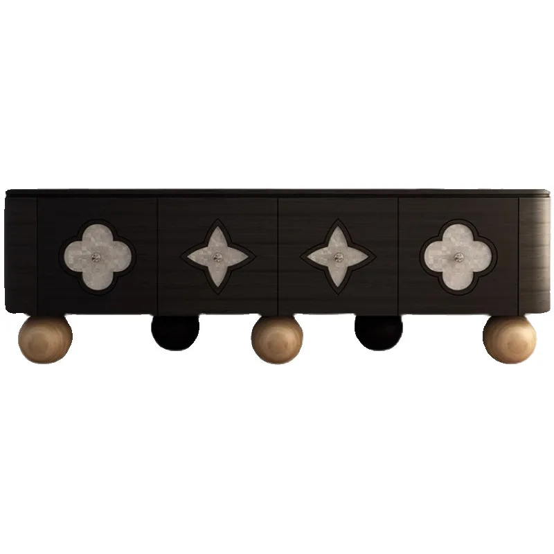 

French retro black four-leaf clover TV cabinet, living room small apartment floor locker