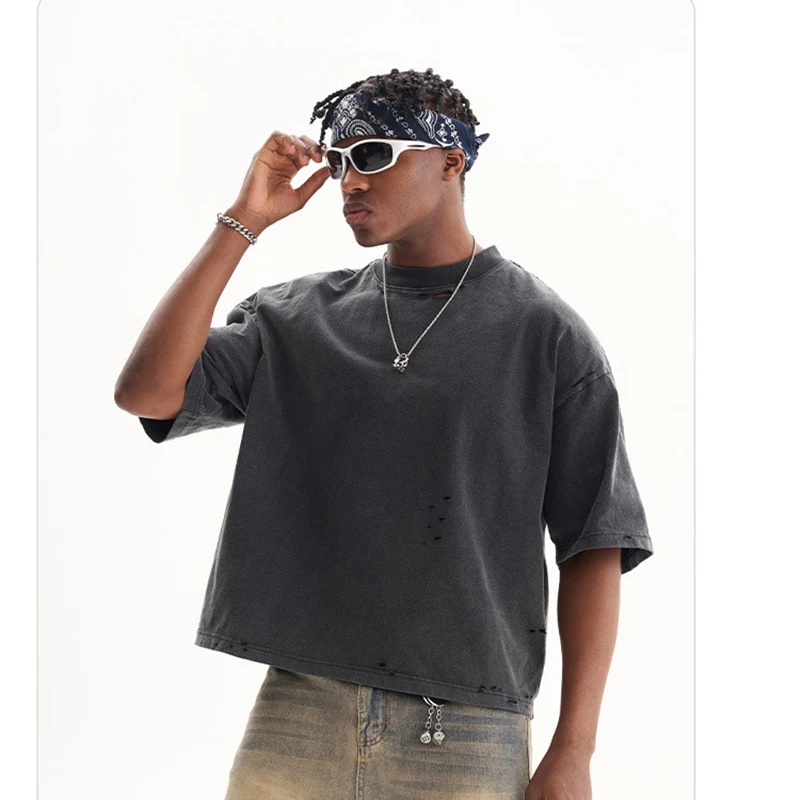 Ripped Crew Neck Short Sleeve Loose Casual T-Shirt Summer Men's Retro American Fashion Cotton Shirt Oversized T Shirt