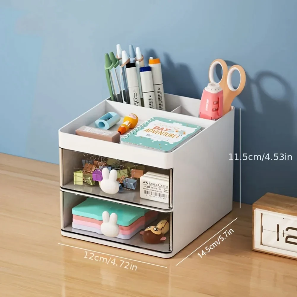 1PCS 2-laye Creative Pen Holder Transparent Drawer Rabbit Storage Box Children Girls Student Office Bedroom Desktop wholesale